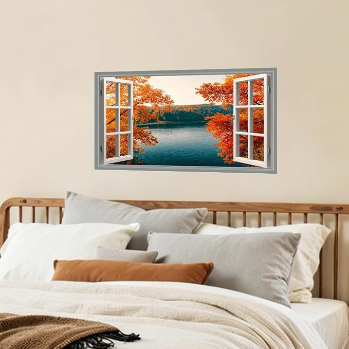 Autumn Lake Kitchen Backsplash Peel and Stick, 30x16 in | Open window view of fiery orange autumn forest over still blue lake; flat 2D waterproof peel and stick; wipe clean; 30x16 in - Image 7