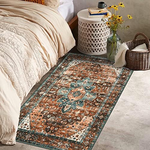 Moynesa Ultra-Thin Washable Vintage Area Rug - 3x5 Boho Non-Slip Entryway Rug Oriental Medallion Living Room Rug Entrance Mat Carpet for Kitchen Laundry Bathroom Bedroom, Brick Red/Dull Teal - Image 6
