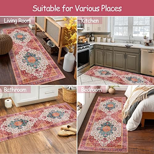 Moynesa Ultra-Thin Washable Pink Runner Rug - 2x6 Washable Long Hallway Rug Runner Kitchen Mat, Oriental Medallion Laundry Room Carpet Runner for Powder Dressing Room Cabinet Bedside Bathroom - Image 5