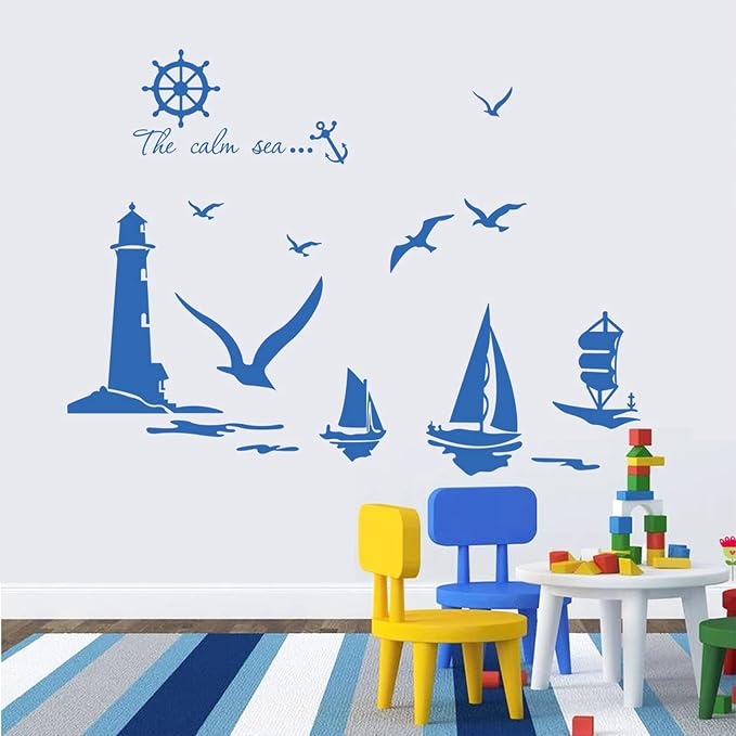 Large Sea Lighthouse Decor Wall Stickers Nautical Wall Decal with Seagulls Boat Wall Decals for Teen Decorations, Bedroom Bathroom Kids Room Nursery Decor - Image 4