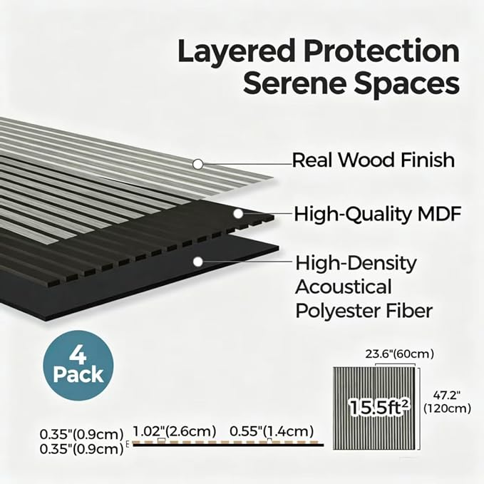 AKUMAX Wood Slat Acoustic Wall Panels, 4 Pack 24 x 48 in Each, 31 ft², NRC 0.80 Sound Absorbing 3D Slat Wall Paneling with Real Wood Veneer, E0 MDF and PET Felt, Gray Oak - Image 5