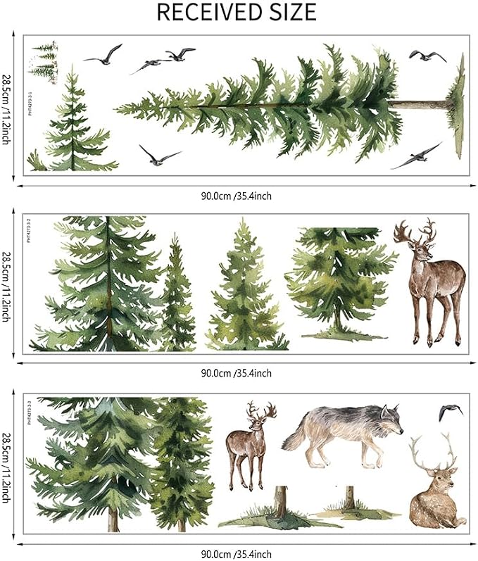 Green Pine Tree Wall Sticker Woodland Animals Wall Decal Peel and Stick Forest Wall Art Mural Deer Wolf Bird Wall Stickers for Bedroom Decor - Image 6