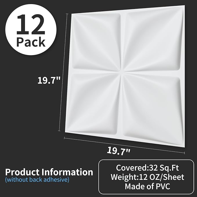 Art3d 19.7" x 19.7" (Pack of 12) 3D Wall Panels Lucky Leaves PVC Wall Panel for Inter Decoration, Living Room, TV Background, Office, White - Image 3