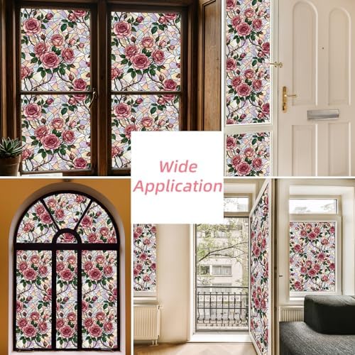 Window Privacy Film Stained Glass, 6 Pcs Pink Rose Static Cling Window Privacy Films Decals with Installation Tools, Rainbow Film Stickers for Home Kitchen Bathroom Glass Door 17.7 x 157.5 inches - Image 5