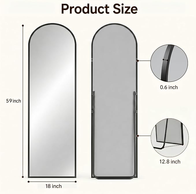 Antok Full Length Mirror, 59"x18" Floor Mirror with Stand, Black, Arched - Image 3