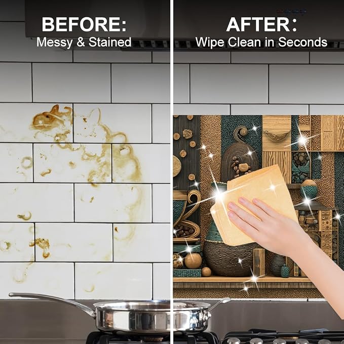 Coffee Bean Teal Mosaic Kitchen Backsplash Peel and Stick, 30x16 in | Mosaic coffee beans, steaming cup and teal pitchers in brown and teal tones; flat 2D peel and stick; wipe clean; 30x16 in - Image 4