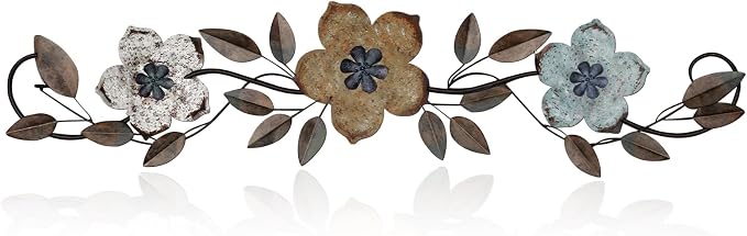 Wesiti Metal Flower Wall Decor Wrought Iron Scroll 15.7x3.7,Colorful | Vintage Metal Flower decor,Farmhouse Leaf Art with Nails, Flat Not 3D Design, For Bedroom Kitchen Indoor Outdoor Wall Decor by Unteilti