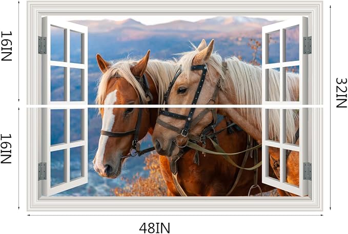 Fake Window Wall Mural -Horse Faux Window Poster Wall Art Decor, Stick and Peel Wallpaper Natural Scenery Decol Horse Ranch Farm Animals Scene （48"x32",Set of 2 Sheets） - Image 2