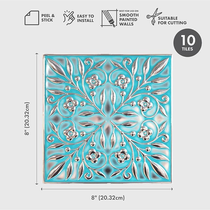 Peel and Stick Metal Tiles, Teal & Silver Leaves, 10-Pack | 8 x 8 in tile size; Covers up to 4.44 sq ft; Aluminum; Water-resistant surface; For kitchens, ceilings, DIY projects - Image 2