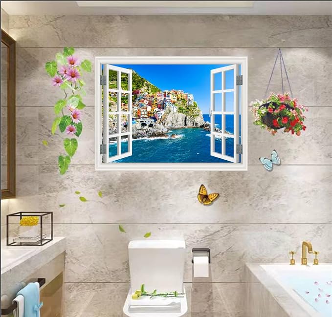 Self-Adhesive Wall Sticker Romantic Living Room Bedroom Study Office Decorative Wall Sticker Ocean Scenery Fake Window Sticker Mural (17.3"×27.6", sea City) - Image 2