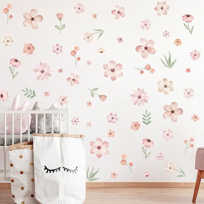 Boho Flower Wall Decals，Pink Watercolor Flower Art，Wildflower Wall Decals，Girls Bedroom Removable Sticker，Nursery Kids Room Decor Vinyl Murals DIY Cute Decorations by HJKlove