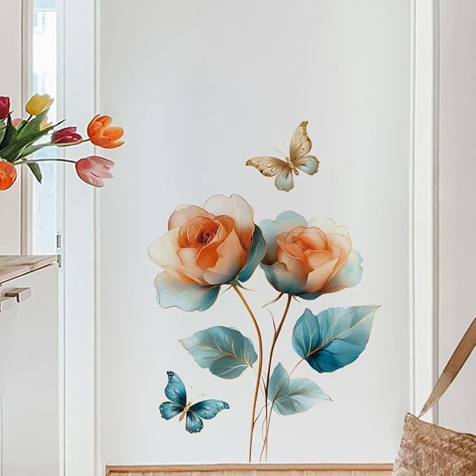 Dreamy Colorful Flower Wall Decal Yellow Blue Blossoms Peel and Stick Wall Art Removable PVC Wall Sticker for Bedroom Nursery Living Room Home Decor - Image 2