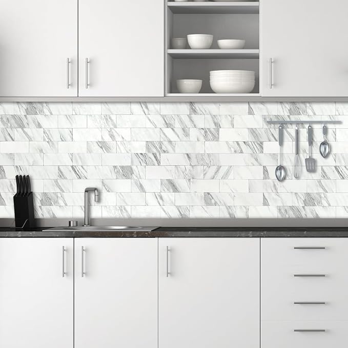 AULIGET 100-Piece White Marble Look Peel and Stick Backsplash Wall Tiles, 3" x 6" PVC Faux Stone Stick on Tile for Backsplash Kitchen, Bathroom, Laundry Room, Camper, Fireplace - Image 2