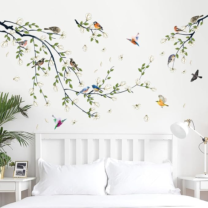 Green Vine Wall Decal White Flowers and Birds on Branch Natural View Wall Sticker DIY Detachable Peel and Stick Wall Art Mural for Living Room Bedroom offcie Home Decor by DRWSSR