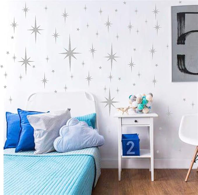 Retro Starburst Wall Decals Star Wall Stickers Atomic Stars Celestial Decor | Peel and stick, silver wall stars, starburst wall decor, removable art murals, for nursery living room bathroom - Image 5