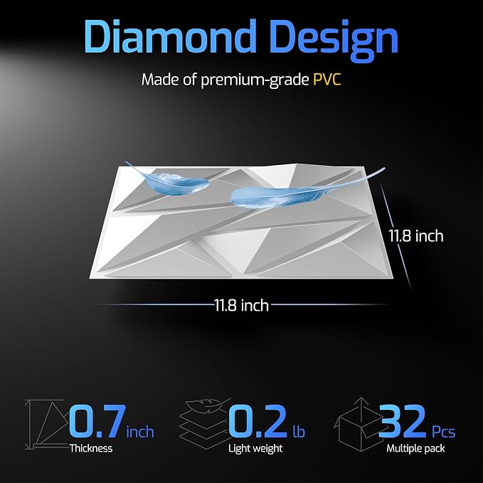 3D Wall Panels White 32 Pack (Covers 31.5 Sq.Ft), 12" x 12" Diamond Texture Premium PVC Wall Tiles for Interior Decor, Waterproof & Paintable Accent Paneling for Gaming Room, Living Room - Image 3