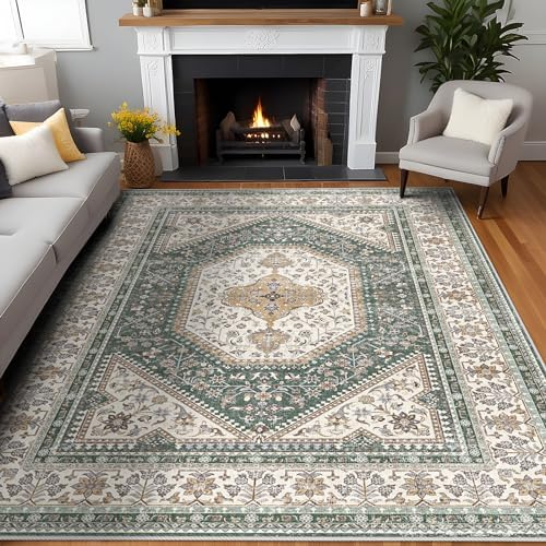 8x10 Washable Area Rug for Living Room - Non-Slip Vintage Rugs Green Beige by Puino