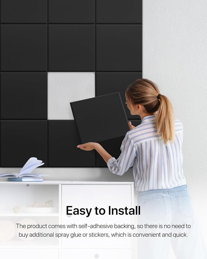 Soundsbay Square Soundproof Wall Panels 12 Pack with 60 Adhesive Tapes | 150kg/m³ High Density Covers 11.6 sq ft, Sound Proof Panels for Walls, Home Office, Recording Studio, Bedroom 12" X 12" Black - Image 5