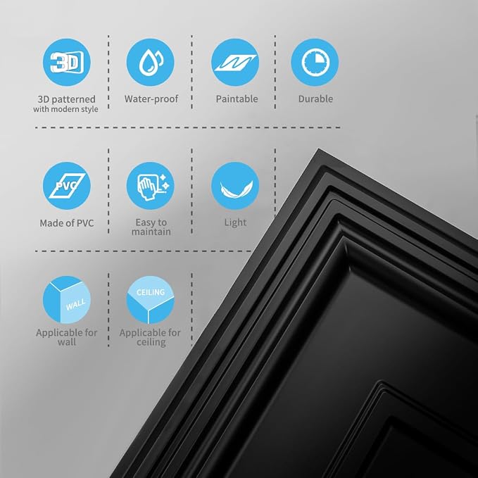 Art3d PVC Ceiling Tiles, 3D Plastic Sheet in Black, 2 x 2 ft, 12-Pack | Lightweight, Waterproof, No Sag and Breakage, Compatible with Grid System, Perfect for Basement, Kitchen - Image 4