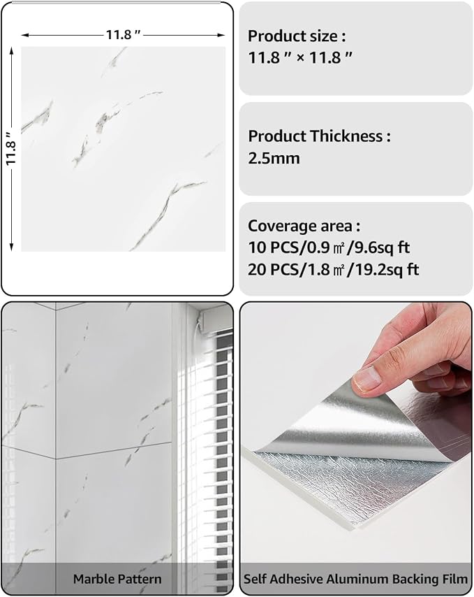 WADILE 20PC Peel and Stick Waterproof Wall Panels 11.8 x 11.8 White | Marble look, Self adhesive, PVC Panels, Lightweight Foam Wall Panels, Bathroom, Kitchen, Not Real Tile - Image 2