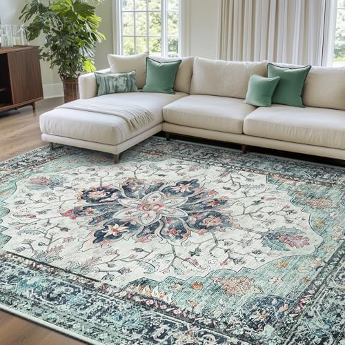 RELEANY Washable Area Rug, 7'x10', Beige/Carbon Grey/Orange by RELEANY
