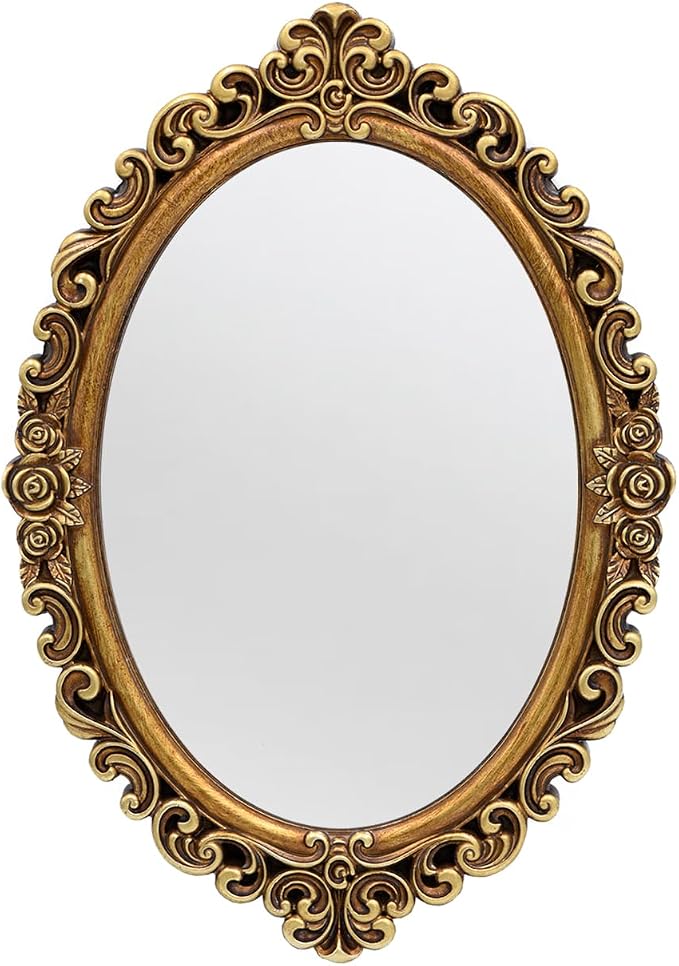 OIGUMR Oval Smallest Wall Mirror Resin Frame Size：12 x 8.3 inch Mirror Vintage Hanging Mirrors for Bedroom Living-Room Dresser Decor Gold by OIGUMR