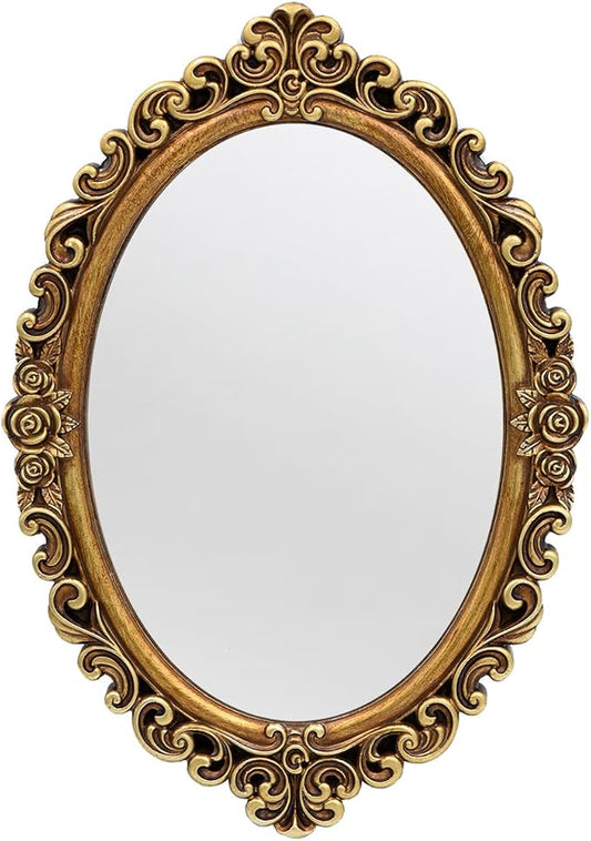 OIGUMR Oval Smallest Wall Mirror Resin Frame Size：12 x 8.3 inch Mirror Vintage Hanging Mirrors for Bedroom Living-Room Dresser Decor Gold by OIGUMR