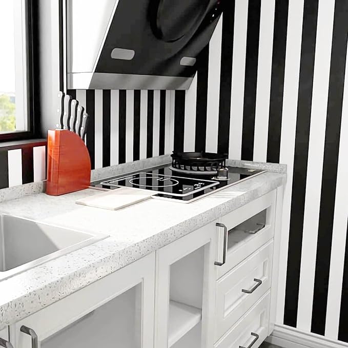 Black and White Striped Peel and Stick Wallpaper Self-Adhesive Removable Waterproof Wallpaper Wall Covering Cabinets Shelves Decorative A Set of 17.3"x480" - Image 6