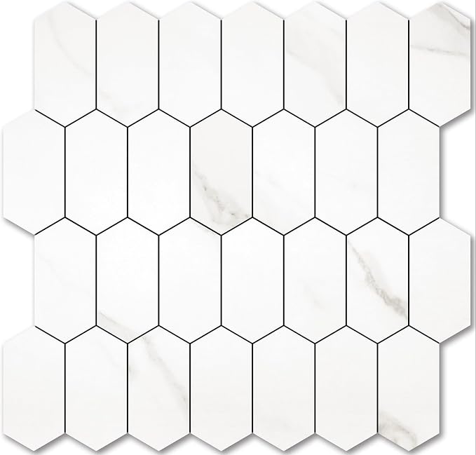Vamos Tile Long Hexagon Peel and Stick Backsplash Tile - 10 Sheets Stick on Backsplash for Kitchen and Bathroom 12.4 x 12 Inch White Marble Look PVC Self Adhesive Mosaic Wall Tiles by VamosTile