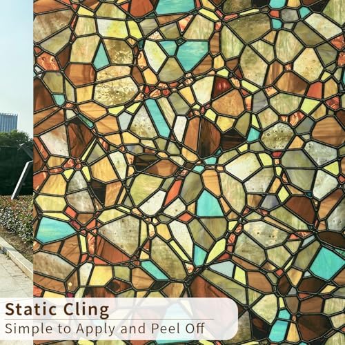 funlife Original Hand-Drawn Privacy Stained Glass Window Film, Single Sided Static Cling Window Cling Suitable for Entryway, Reusable Glass Door Decor, Yellowish-Brown Cobblestones, 16.93"x118" - Image 2