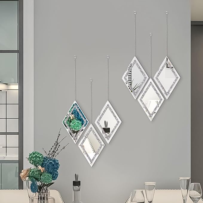 Pibeyer Silver Diamond Shaped Wall Mirror Set of 3, Decorative Crystal Crush Diamond Mirrors for Bedroom, Living Room & Hallway, Home Decor - Image 5