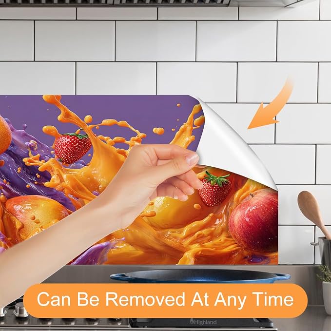 Tropical Fruit Splash Kitchen Backsplash Peel and Stick, 30x16 in | Bold mango, strawberry and orange juice splash on vivid purple background; flat 2D peel and stick; wipe clean; 30x16 in - Image 3
