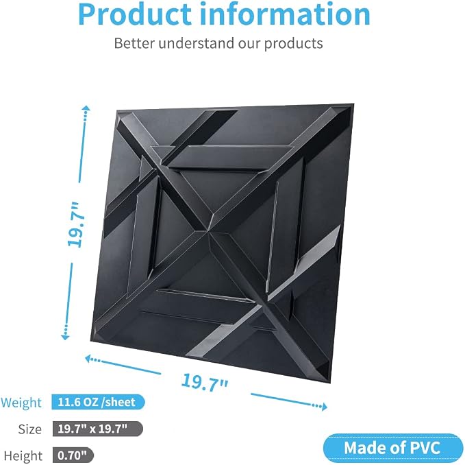 Art3d Decorativ PVC Glue-Up 3D Wall Panel, 19.7 x 19.7 in, 12-Pack, Black | Waterproof, Scratch Resistant, Wall & Ceiling Decor Panels, Ideal for Commercial Spaces - Image 4