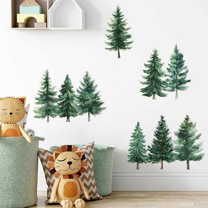 Watercolor Pine Tree Wall Decals Green Pine Tree Wall Sticker Forest Nature Woodland Home Decor for Nursery Bedroom Living Room - Image 5