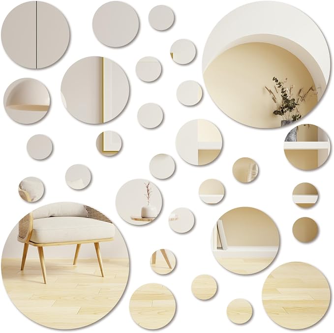 30 Pcs Round Mirror Tiles Self Adhesive, Mirror Wall Decals, Circular Glass Stick On Mirrors, Circle Mirrors for Wall Decor for Bedroom, Bathroom, Living Room, Door, 4 Sizes by Bremorou