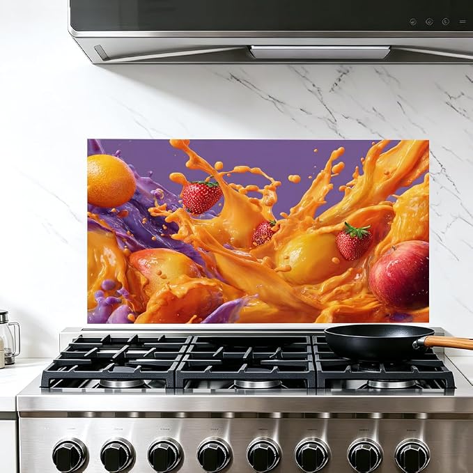 Tropical Fruit Splash Kitchen Backsplash Peel and Stick, 30x16 in | Bold mango, strawberry and orange juice splash on vivid purple background; flat 2D peel and stick; wipe clean; 30x16 in by JOYHAUE