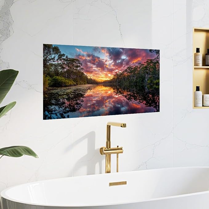 Forest Lake Sunset Kitchen Backsplash Peel and Stick, 30x16 in | Dramatic forest lake at sunset with fiery clouds and mirror reflections; flat 2D waterproof peel and stick; wipe clean; 30x16 - Image 8