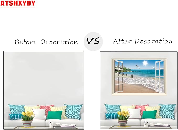 Fake Window Wall Decal- Summer Beach Seascape Open Wall Art Poster Sticker | Faux Window Ocean Coast Natural Scenery Landscape Mural｜ Stick and Peel Wall Decals｜for Room Bedroom Office Decor｜24"x16" - Image 3