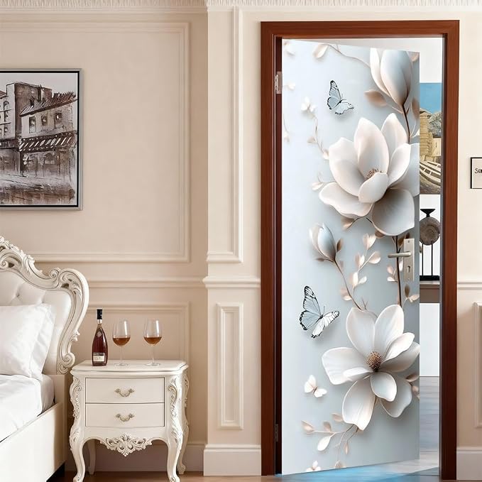 White Magnolia Door Mural, Butterfly Floral 3D Door Cover | Waterproof PVC, 30.3" W x 78.7" L; white magnolia design for bedroom, living room, office or closet doors. - Image 3