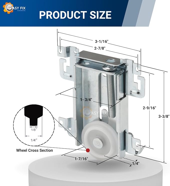 Steel-Framed Mirror Closet Door Roller Assembly - Convex 1-7/16" Wheels | Replacement for Wardrobe Doors - Nylon Flat Roller Wheels (2 Pack) - Image 2