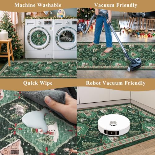 Christmas Decorations Kitchen Rugs Set of 3: Washable Non-Slip Kitchen Mat for Floor Snowman and Gnome Soft Vintage Farmhouse Runner Rug for Sink Floor Mats ＆Indoor, Hallway, Entryway, (Green) - Image 4