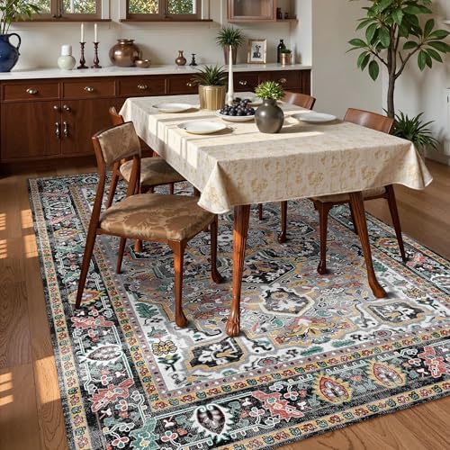 Washable Area Rug 3' x 5 ' Vintage Traditional Persian Mat - Foldable Distressed Non-Slip Machine Washable Carpet for Living Room Bedroom Kitchen Home Decor - Slate and Multicolor - Image 3