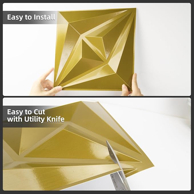 AMZDEPOT 3D Wall Panels, 12''x12'', 20 Pcs, Gold | Interior Wall Decor, 3 Layout Options, PVC Textured Wall Art, for Living Room Bedroom TV Background Gaming Room - Image 5