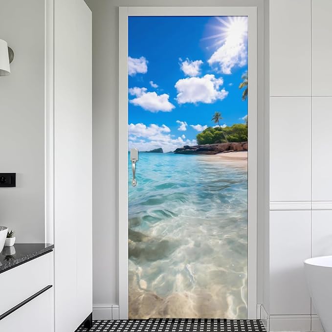 REDAMANCY Sunshine Island Beach Seashore Landscape Peel and Stick Door Stickers Vinyl 3D Door Mural Decals Decor Modern Door Wallpaper Self-Adhesive, Waterproof, Removable by Unknown