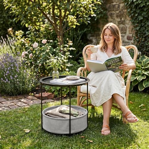VECELO Round Side/End Table with Fabric Storage Basket，Metal Anti-Rust and Waterproof Small Bedside Nightstand with Removable Tray Top for Living Room，Balcony & Laundry，Black /2pcs with Basket - Image 6