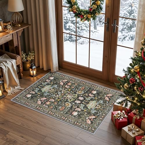 Washable 2x3 Entryway Area Rugs: Vintage Soft Floral Thin Doormat with Non Slip Backing Water Resistant Bathroom Laundry Rug for Kitchen Indoor Carpet for Bedroom Low Pile Floor Mat (2x3,Green) - Image 2