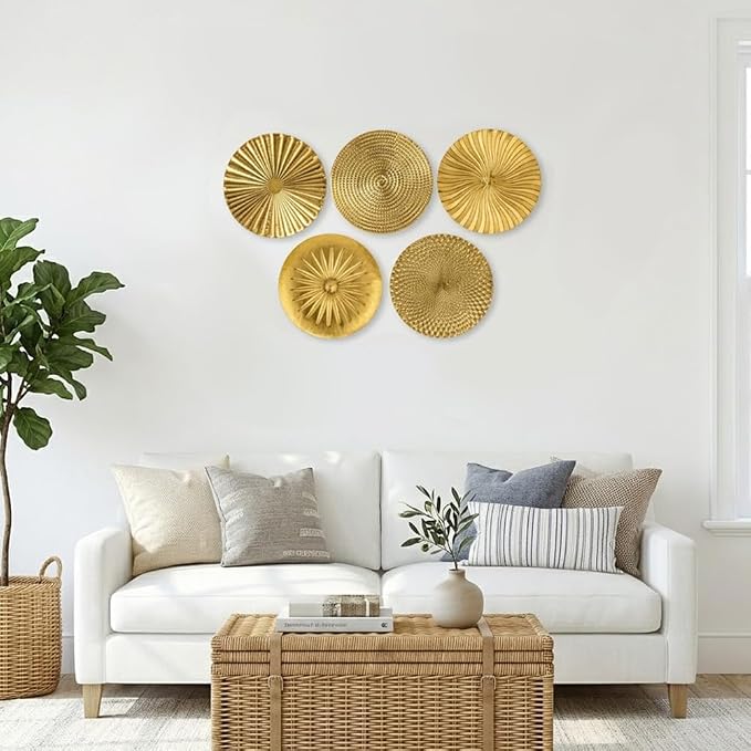 Briful 12" Gold Wall Décor Pack of 5 Metal Starbursts Radial Plate Wall Art Modern Accent Hanging Wall Decorations For Home Office Bedroom Or Living Room Sculptures - Image 6