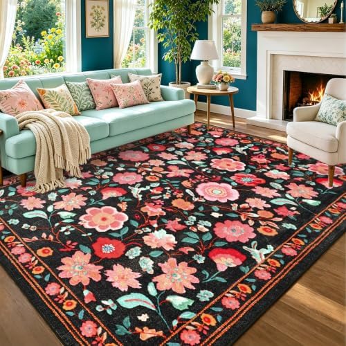 6x9 Ft Washable Area Rug for Living Room Black Vintage Floral Carpet by Lo%CC%80utiRootHome