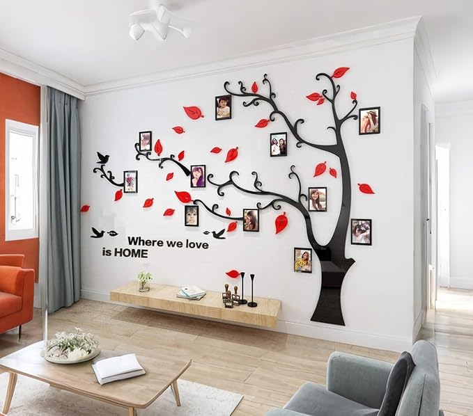 3D Tree Wall Stickers - DIY Photo Frame Tree Wall Decal Family Photo Frame Sticker Murals Wall Decor Living Room Bedroom TV Background Home Decorations (M:83 * 59in,Red Left) - Image 2