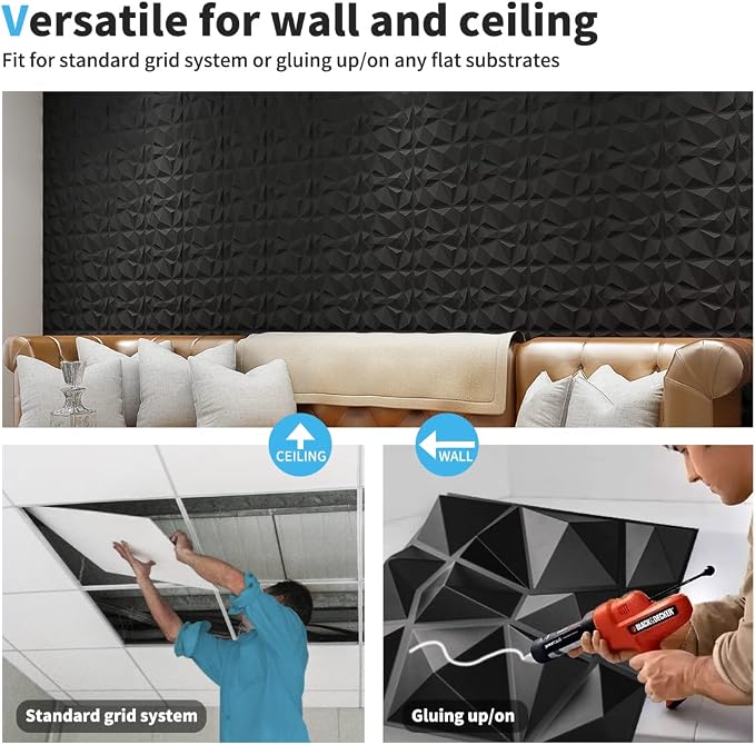 Art3d Decorative 3D Wall Panels in Diamond Design, 12"x12" Matt Black for Home and Office Decor (33 Pack) - Image 7